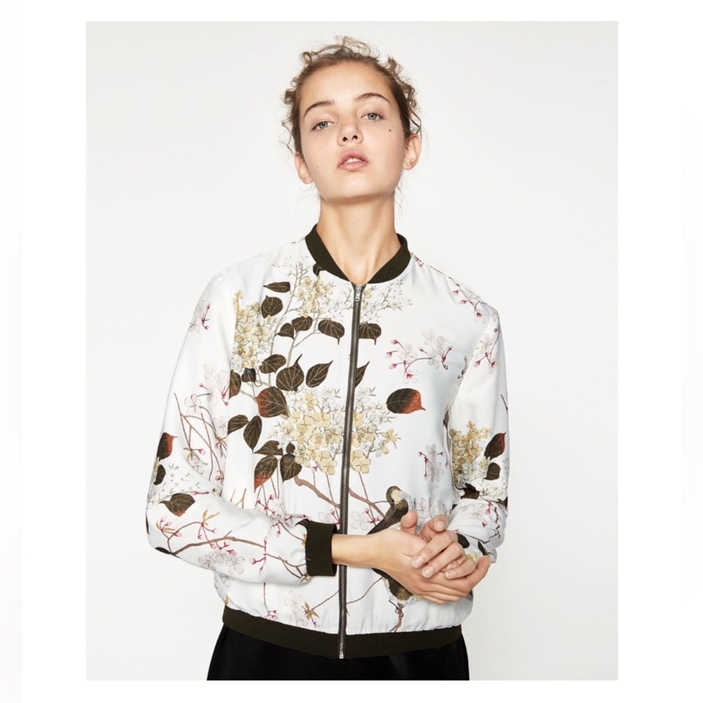 Zara Silky Floral Zippered Bomber Jacket Size S